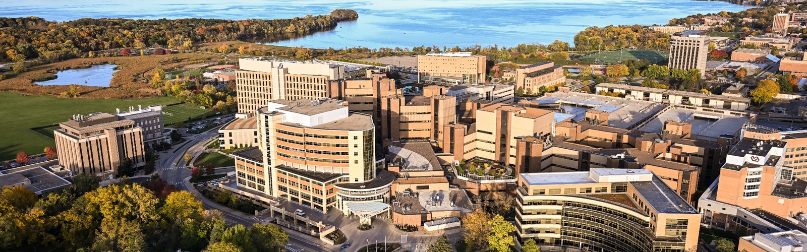 Aerial view of UW–Madison health sciences campus by Lake Mendota
